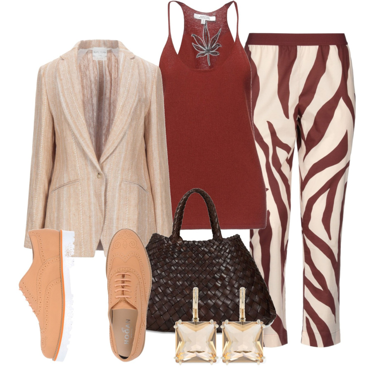 Outfit donna - Chic color terra. Stile Chic per Tutti i giorni. Abbinamento con scarpe stringate, leggings, canottiere, blazer, borse a mano, orecchini.