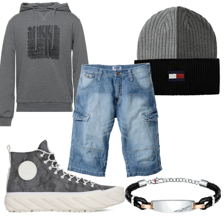 Outfit uomo - Total look #1588095. Stile Urban per Tutti i giorni. Abbinamento con bermuda, felpe con cappuccio, braccialetti, sneakers, berretti.