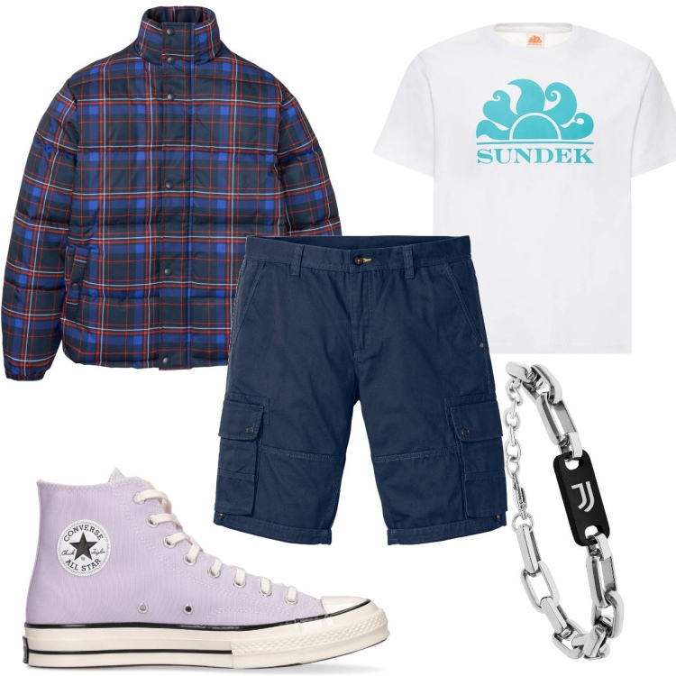 Outfit uomo - Total look #1588103. Stile Urban per Tutti i giorni. Abbinamento con bermuda, giacche, braccialetti, sneakers, t-shirt.