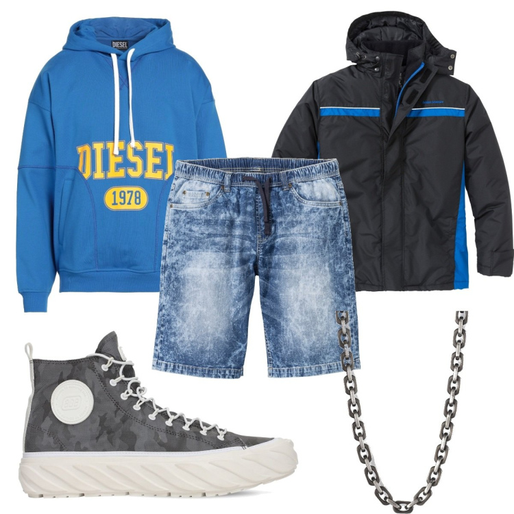 Outfit uomo - Total look #1588105. Stile Urban per Tutti i giorni. Abbinamento con bermuda, giacche, felpe con cappuccio, collane, sneakers.
