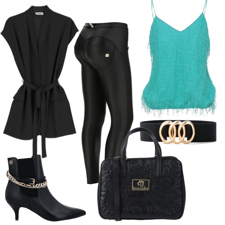 Outfit donna - Trendy per la serata. Stile Trendy per Serata fuori. Abbinamento con cinture, top, stivaletti, borse a mano, gilet, pantaloni skinny.