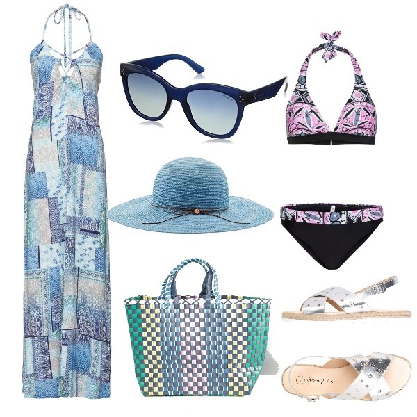 Outfit donna - Basic #14765. Stile Basic per Mare. Abbinamento con sandali effetto laminato senza tacco con fibbia interno in pelle con punta tonda pianta larga in pelle tinta unita, vestiti, bikini, stivaletti in denim jersey multicolore, occhiali da sole blu, cappello blu e grigio.