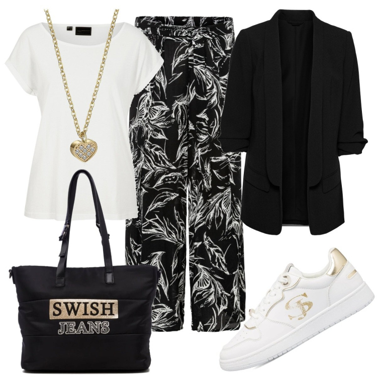 Outfit donna - Casual con un pizzico di oro. Stile Casual chic per Tutti i giorni. Abbinamento con blazer, pantaloni, maglieria, collane, sneakers, borse a spalla.