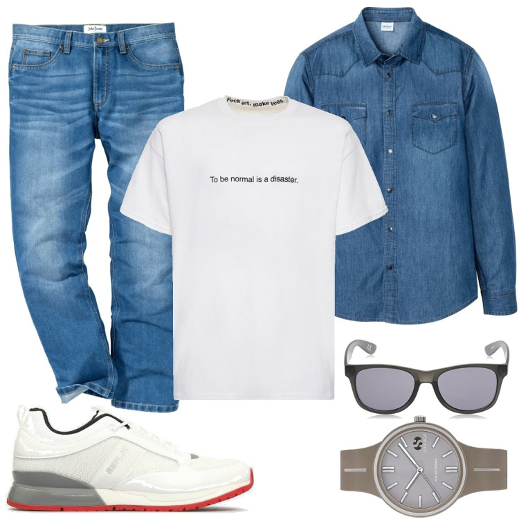 Outfit uomo - Gli Indispensabili di Primavera!. Stile Casual per Tutti i giorni. Abbinamento con jeans dritti, camicie, orologi, sneakers, t-shirt, occhiali da sole.