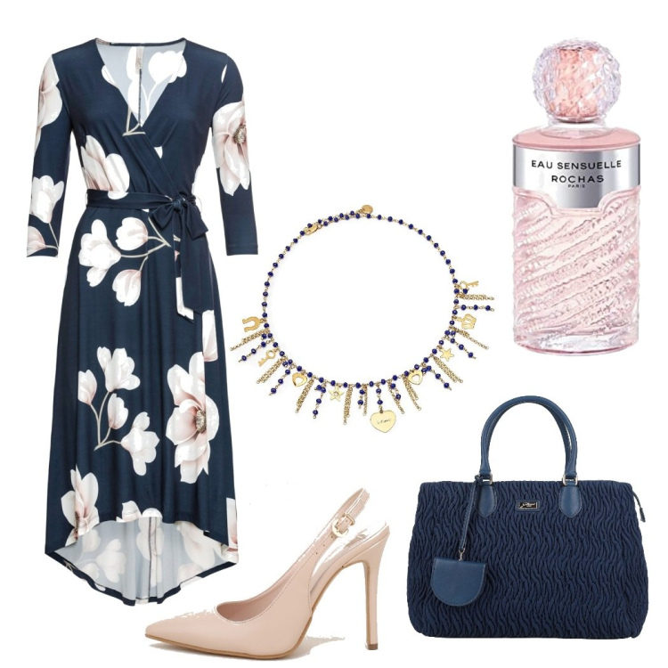 Outfit donna - Profumo di primavera. Stile Bon Ton per Serata fuori. Abbinamento con vestiti lunghi, borse a mano, décolleté, collane, profumi.