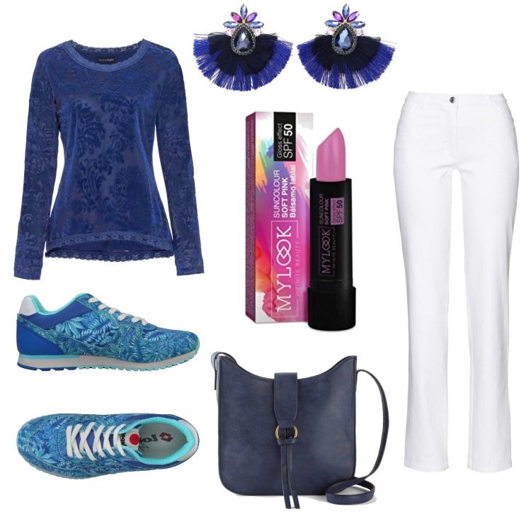 Outfit donna - Maglia in tessuto dévoré. Stile Casual per Tutti i giorni. Abbinamento con pantaloni, maglieria, borse a tracolla, sneakers, orecchini, rossetti.