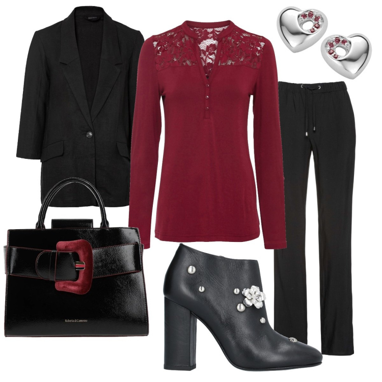 Outfit donna - Nero & bordeaux. Stile Trendy per Serata fuori. Abbinamento con stivaletti, borse a mano, pantaloni, maglieria, blazer, orecchini.