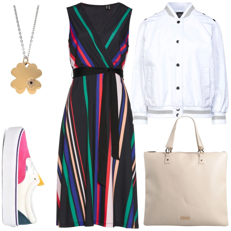 Outfit donna - Primavera multicolore. Stile Casual per Tutti i giorni. Abbinamento con vestiti, borse a mano, blazer, ciondoli, sneakers.