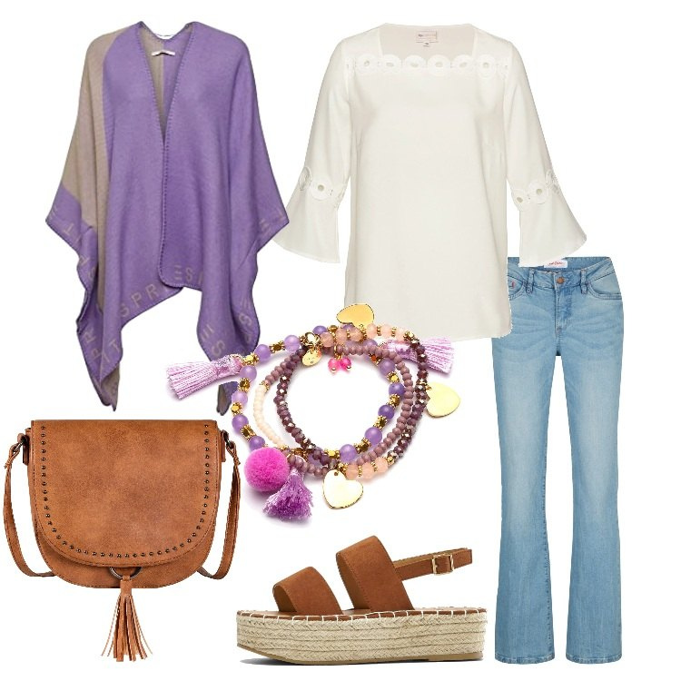 Outfit donna - Sapore Boho. Stile Boho per Tutti i giorni. Abbinamento con jeans bootcut, bluse, sandali, borse a tracolla, braccialetti, sciarpe.