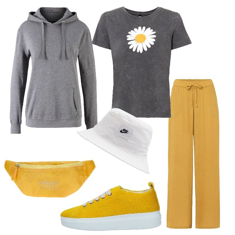 Outfit donna - Lunedì dell\'Angelo. Stile Casual per Tutti i giorni. Abbinamento con pantaloni, t-shirt, felpe con cappuccio, sneakers, marsupi, cappelli.