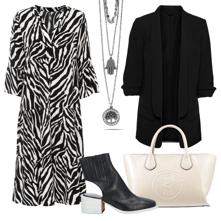 Outfit donna - Zebrato e blazer nero. Stile Casual chic per Serata fuori. Abbinamento con blazer, vestiti midi/longuette, borse a mano, stivaletti, ciondoli.