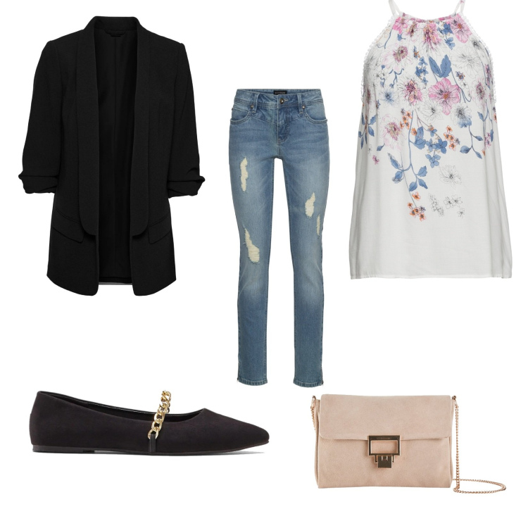 Outfit donna - Total look #1588853. Stile Casual chic per Tutti i giorni. Abbinamento con blazer, top, ballerine, jeans strappati, pochette.