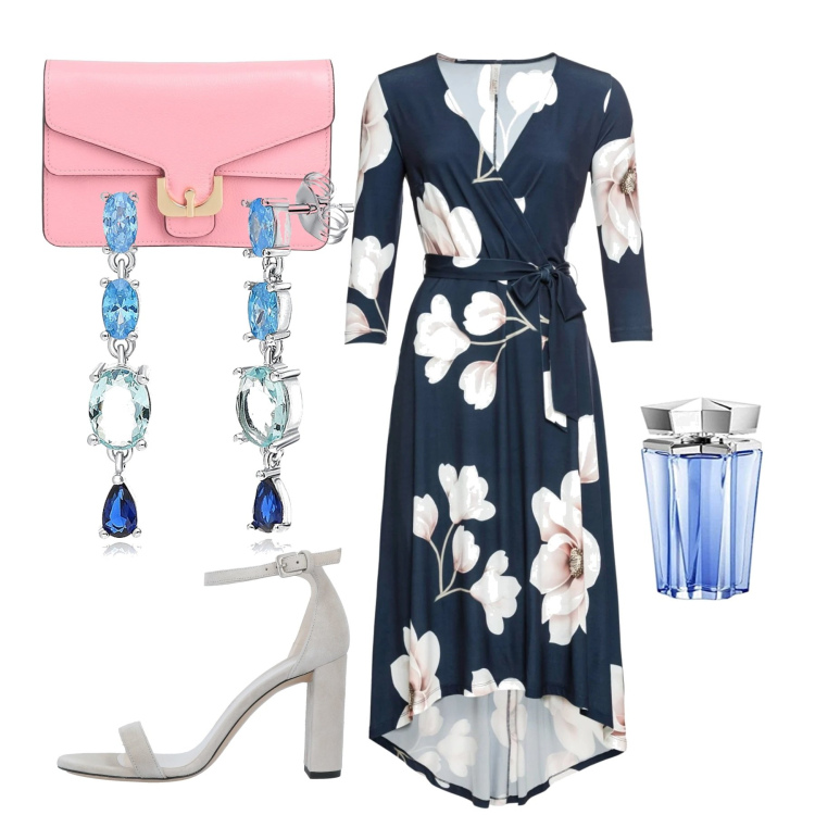 Outfit donna - In blu. Stile Casual chic per Tutti i giorni. Abbinamento con vestiti lunghi, sandali in pelle, borse a mano, orecchini, profumi.