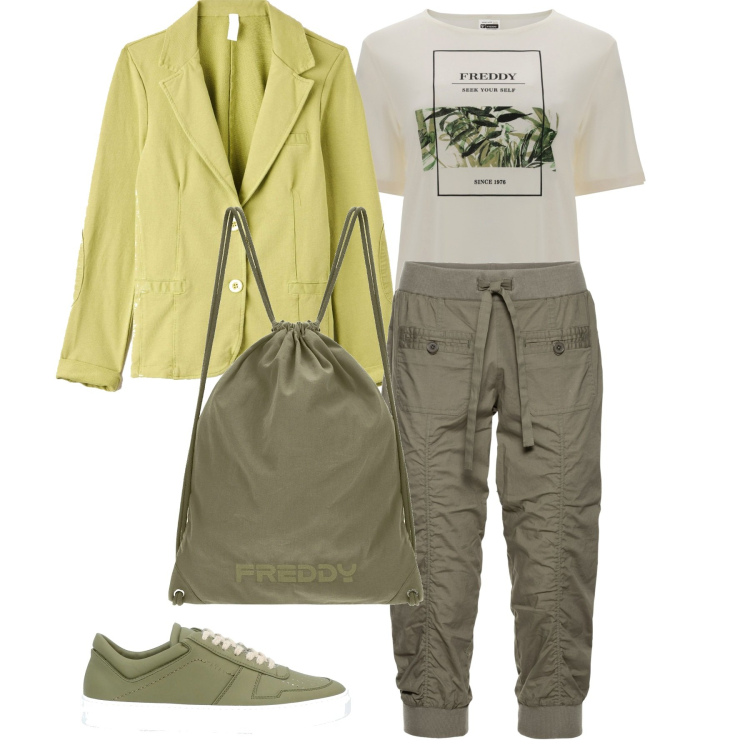 Outfit donna - In gita. Stile Casual per Tutti i giorni. Abbinamento con pantaloni capri, sneakers, giacche, t-shirt, zaini.