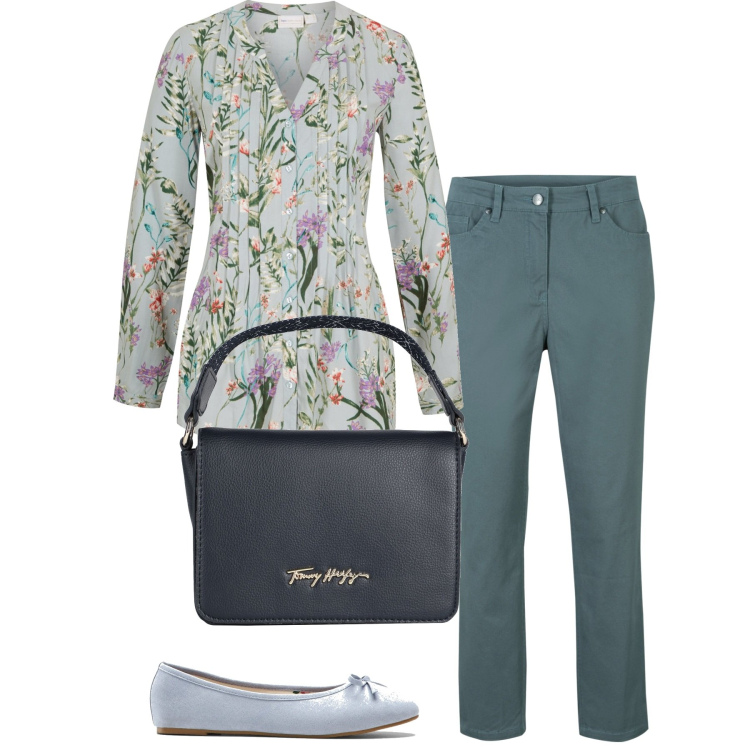 Outfit donna - Aprile. Stile Basic per Tutti i giorni. Abbinamento con pantaloni, camicie, ballerine, borse a mano.