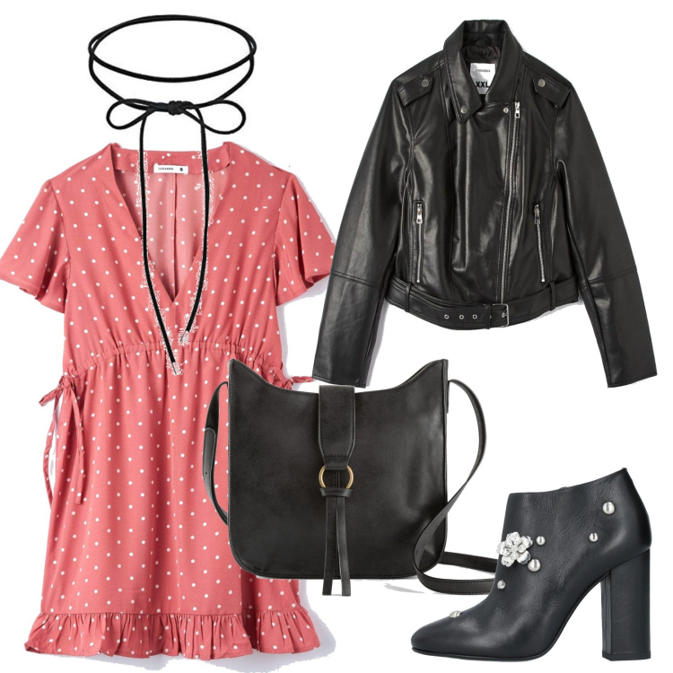 Outfit donna - Romantici pois. Stile Casual per Tutti i giorni. Abbinamento con borse a tracolla, stivaletti, vestiti, cappotti, collane.