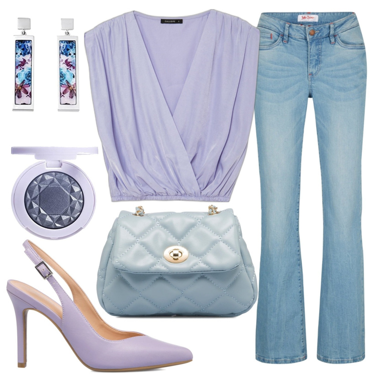 Outfit donna - Il jeans che slancia le curvy. Stile Casual chic per Serata fuori. Abbinamento con jeans bootcut, bluse, décolleté, borse a tracolla, orecchini, ombretti.