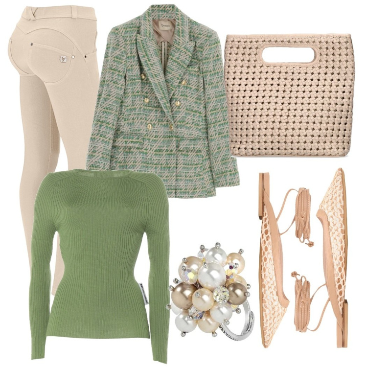 Outfit donna - Aprile in Giacca. Stile Bon Ton per Tutti i giorni. Abbinamento con ballerine, pullovers, anelli, pantaloni skinny, giacche, borse a mano.