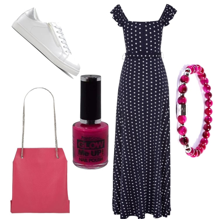 Outfit donna - Con gli accessori a contrasto. Stile Casual chic per Tutti i giorni. Abbinamento con borse a mano, vestiti lunghi, sneakers, braccialetti, smalti.