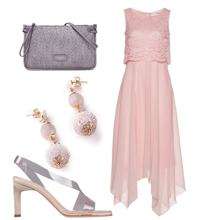 Outfit donna - Eterea. Stile Chic per Cerimonia. Abbinamento con vestiti midi/longuette, sandali in pelle, orecchini, clutch.