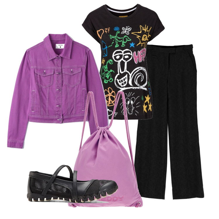 Outfit donna - Funky. Stile Casual per Serata fuori. Abbinamento con t-shirt, ballerine, blazer, zaini, pantaloni.
