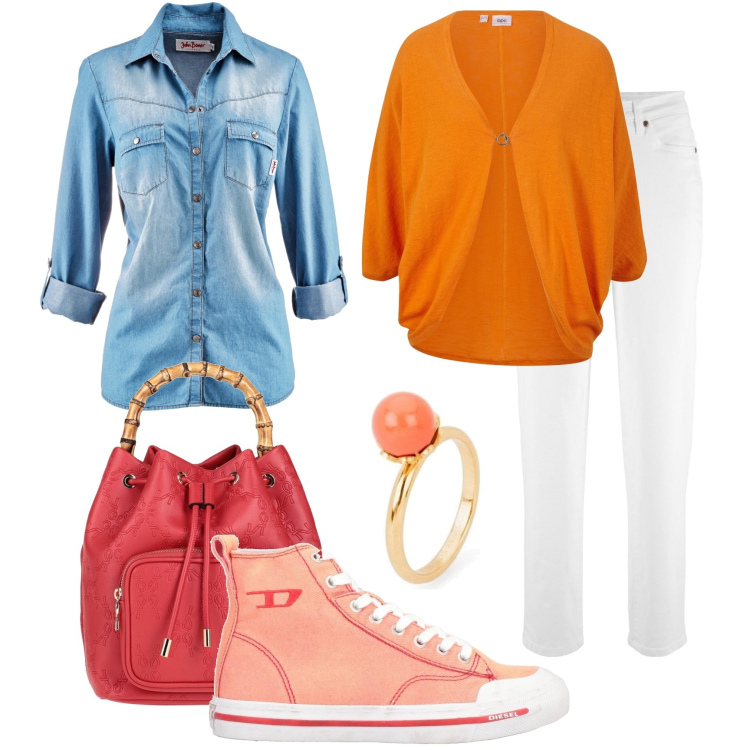 Outfit donna - Denim e arancio. Stile Basic per Tutti i giorni. Abbinamento con camicie, jeans mom, cardigans, borse a mano, sneakers, anelli.