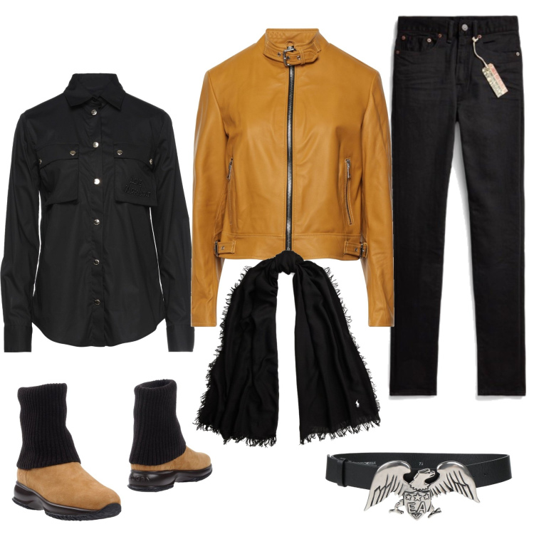 Outfit donna - Harley biker soft. Stile Urban per Tutti i giorni. Abbinamento con stivali, giacche, camicie, cinture, jeans skinny, sciarpe.