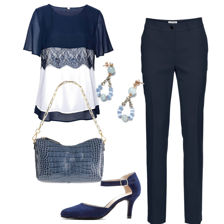 Outfit donna - Elegante in blu. Stile Chic per Tutti i giorni. Abbinamento con pantaloni, décolleté, tuniche, borse a mano, orecchini.