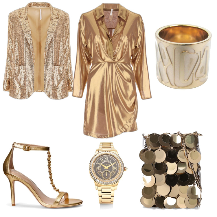 Outfit donna - Notte d’oro. Stile Glamour per Serata fuori. Abbinamento con orologi, orologi, vestiti corti, giacche, sandali in pelle, borse a spalla.