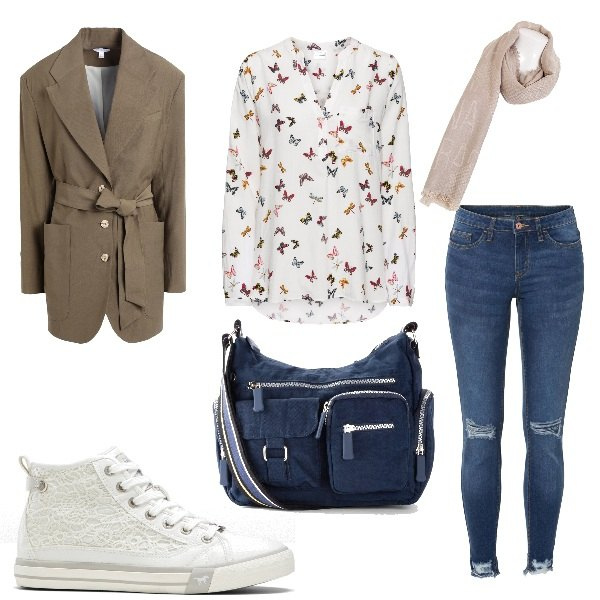 Outfit donna - Pasquetta tra amici. Stile Casual per Tutti i giorni. Abbinamento con bluse, borse a tracolla, sneakers, jeans skinny, blazer, foulard.