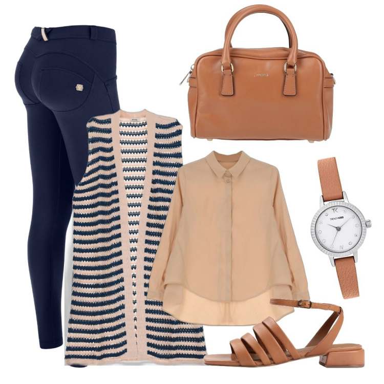 Outfit donna - Righe. Stile Basic per Ufficio. Abbinamento con sandali in pelle, borse a mano, camicie, pantaloni skinny, cardigans, orologi.