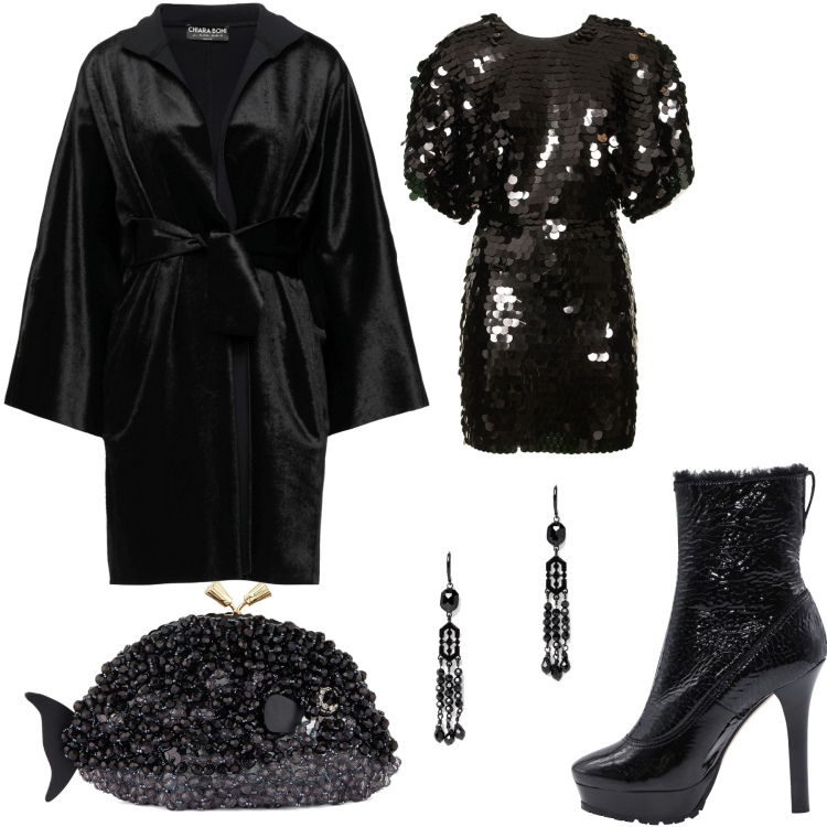 Outfit donna - Notte folle. Stile Glamour per Serata fuori. Abbinamento con cappotti, stivaletti, orecchini, pochette, vestiti.