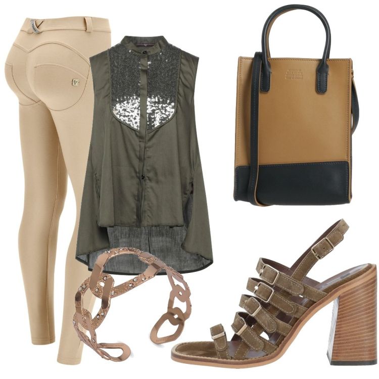 Outfit donna - Nell\'armadio. Stile Urban per Ufficio. Abbinamento con camicie, sandali in pelle, borse a mano, braccialetti, pantaloni skinny.