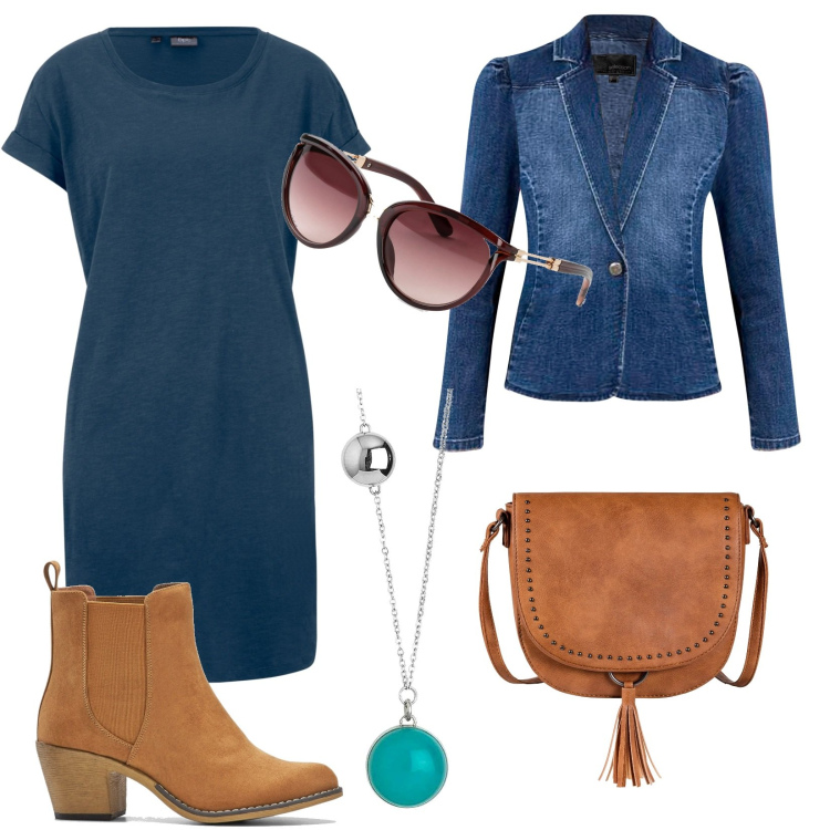 Outfit donna - Vestiti primaverili. Stile Basic per Ufficio. Abbinamento con vestiti, occhiali da sole, blazer, camicie a manica corta, borse a tracolla, ciondoli.