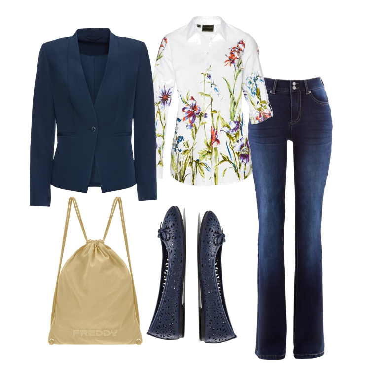 Outfit donna - Con le ballerine blu. Stile Bon Ton per Tutti i giorni. Abbinamento con ballerine, jeans bootcut, blazer, camicie, zaini.