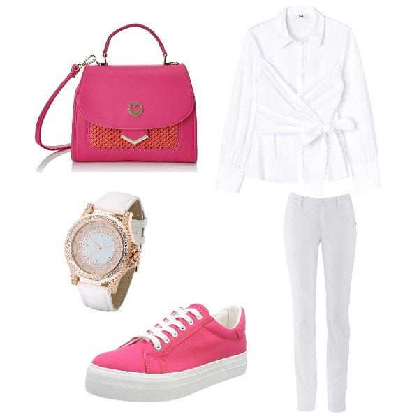 Outfit donna - Basic #14777. Stile Basic per Tutti i giorni. Abbinamento con pantaloni, orologio con strass e cinturino in pelle sintetica oro, camicia a portafoglio colletto punta con bottoni bianco, scarpe da ginnastica rosa, shopping bag.