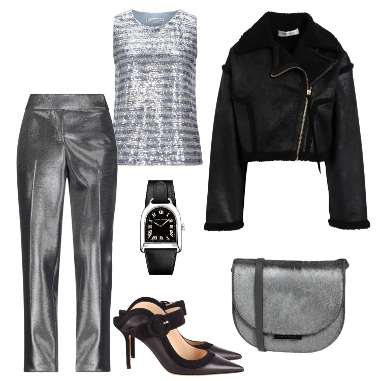 Outfit donna - Serata glamour. Stile Glamour per Serata fuori. Abbinamento con top, décolleté, borse a tracolla, pantaloni, giacche, orologi.