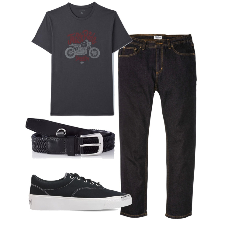 Outfit uomo - In giro. Stile Casual per Tutti i giorni. Abbinamento con jeans dritti, t-shirt, sneakers, cinture.