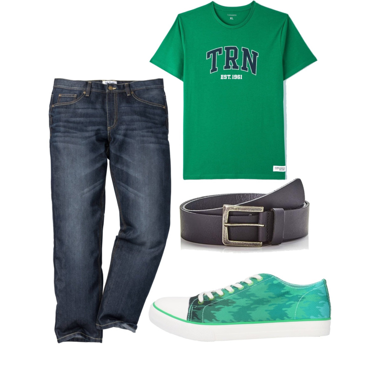 Outfit uomo - College. Stile Casual per Tutti i giorni. Abbinamento con jeans dritti, sneakers, t-shirt, cinture.