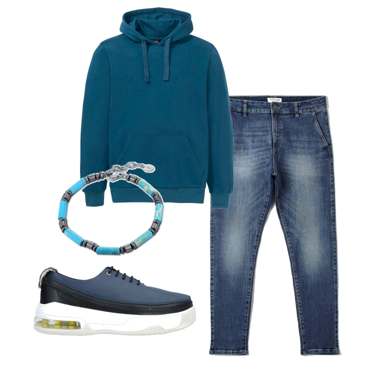 Outfit uomo - Ispirazione mare. Stile Casual per Tutti i giorni. Abbinamento con felpe con cappuccio, sneakers, jeans, braccialetti.
