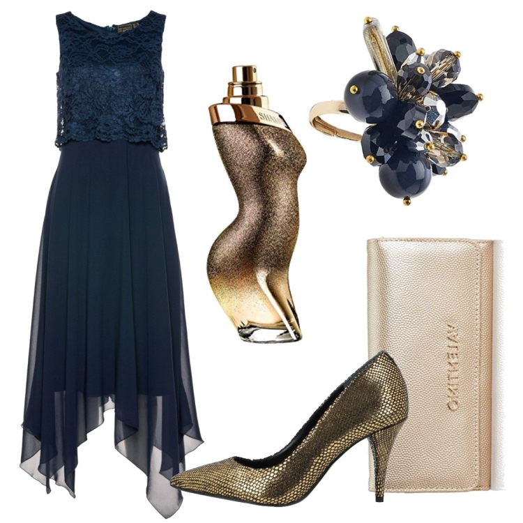 Outfit donna - L\'abito blu. Stile Romantica per Cerimonia. Abbinamento con vestiti midi/longuette, décolleté, anelli, profumi, portafogli.