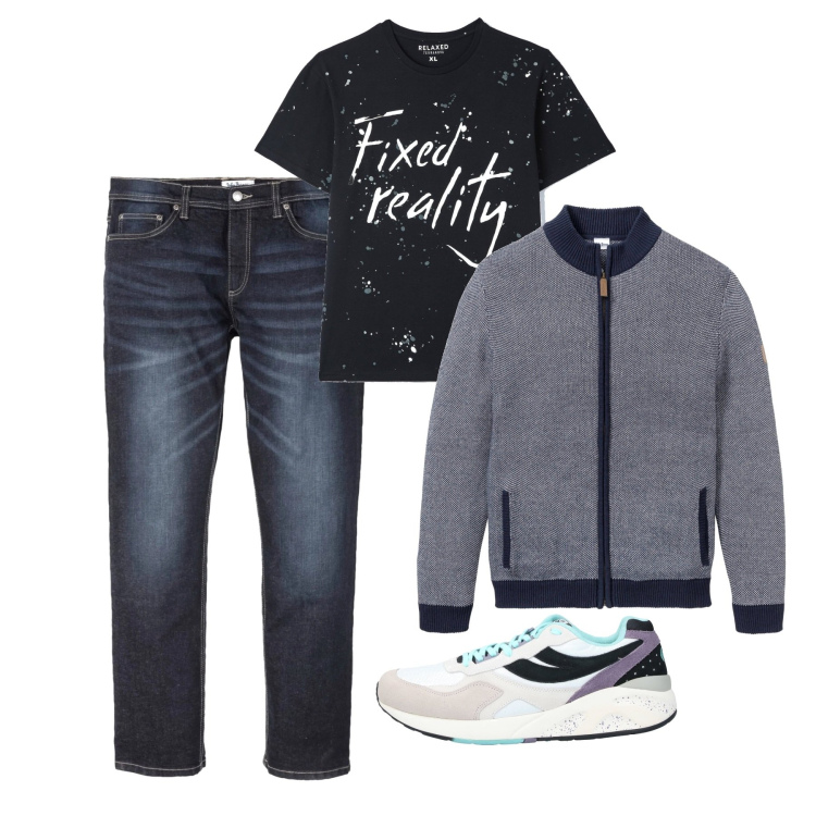 Outfit uomo - Qui ed ora. Stile Urban per Tutti i giorni. Abbinamento con cardigans, jeans dritti, sneakers, t-shirt.