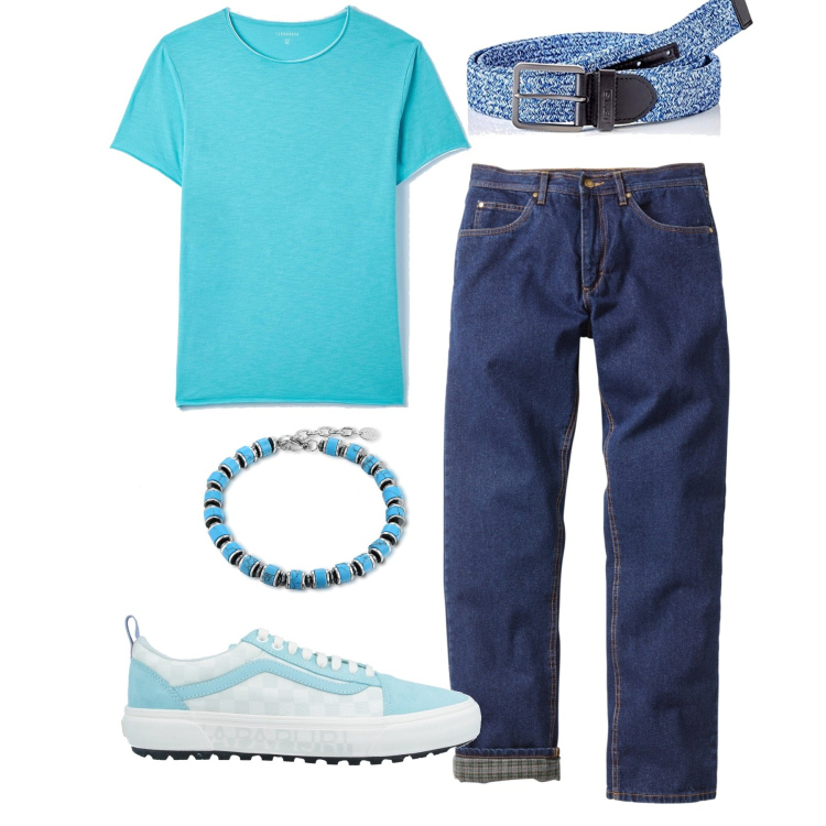 Outfit uomo - Mare mare. Stile Casual per Tutti i giorni. Abbinamento con jeans dritti, sneakers, t-shirt, braccialetti, cinture.