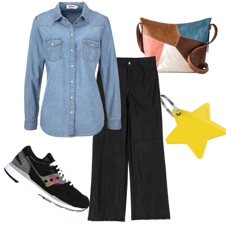 Outfit donna - Jeans e sneakers. Stile Casual per Tutti i giorni. Abbinamento con camicie, borse a tracolla, sneakers, portachiavi, pantaloni.