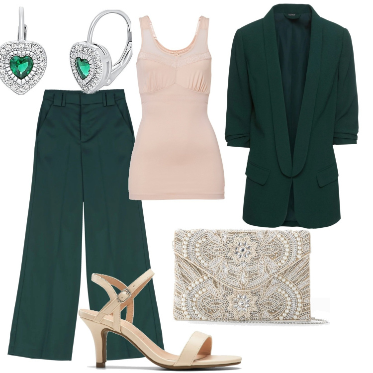Outfit donna - Tailleur verde scuro. Stile Chic per Cerimonia. Abbinamento con blazer, pochette, top, sandali col tacco, orecchini, pantaloni a palazzo.