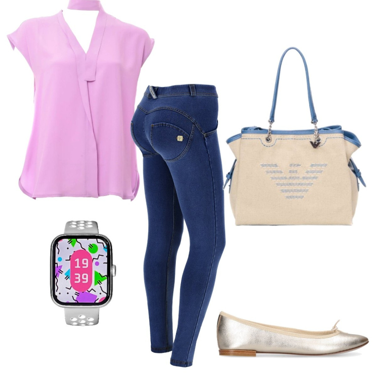 Outfit donna - I jeans push up. Stile Casual chic per Tutti i giorni. Abbinamento con orologi, bluse, borse a mano, jeggings, ballerine.