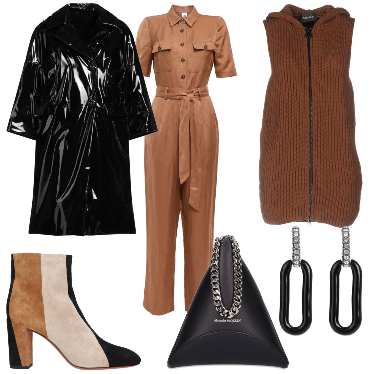 Outfit donna - In tuta a passeggio. Stile Minimal per Tutti i giorni. Abbinamento con tute, stivaletti, cappotti, cardigans, pochette, orecchini.