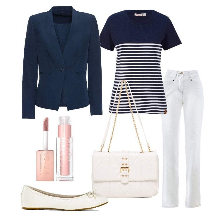 Outfit donna - Stile parigino. Stile Casual chic per Tutti i giorni. Abbinamento con blazer, t-shirt, ballerine, jeans dritti, borse a tracolla, gloss.