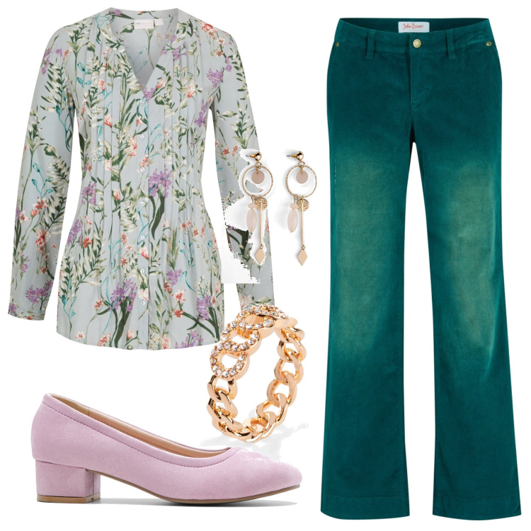 Outfit donna - Total look #1589731. Stile Glamour per Tutti i giorni. Abbinamento con pantaloni, orecchini, camicie, décolleté, anelli.