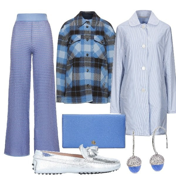 Outfit donna - Donna curvy aperitivo coi colleghi. Stile Trendy per Serata fuori. Abbinamento con camicie, mocassini, trench, orecchini, portafogli, pantaloni.